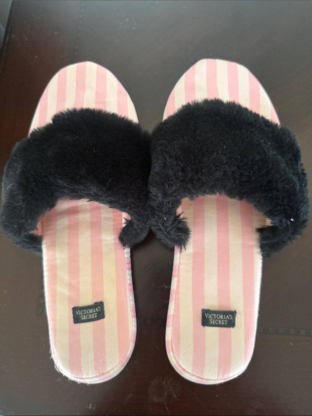 Victoria's Secret Black Faux-Fur Slide Slippers with Pink Striped Footbed